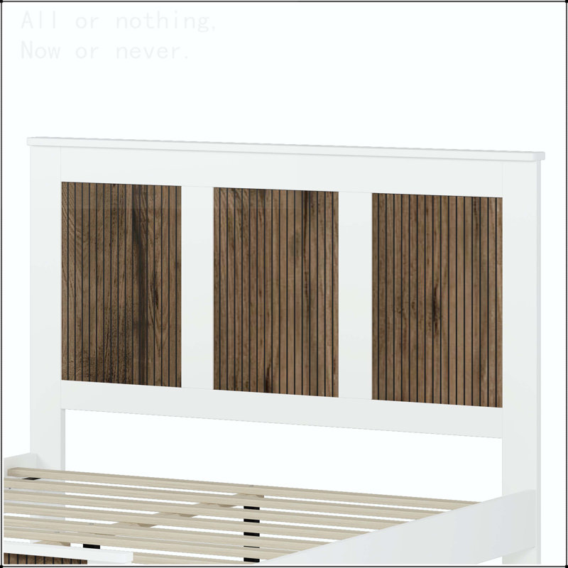 Queen Size Farmhouse Platform Bed with Wooden Strip Decoration and Plywood Slats Support, White