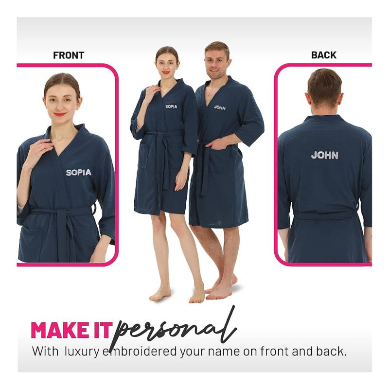 Peignoir en microfibre gaufré unisexe au-dessus du genou avec poches, TG, Oui, Bleu marine