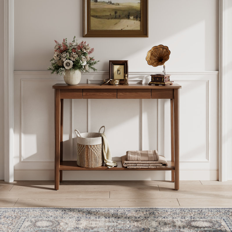 Solid Wood Console Table with Drawers, Mid Century Modern Entryway Table for Living Room and Hallway, Brown