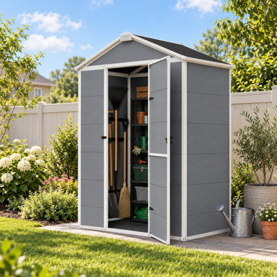 Abri de jardin COOS BAY 1,5 x 0,9 m en résine avec plancher et porte verrouillable, idéal pour le jardin et la terrasse.