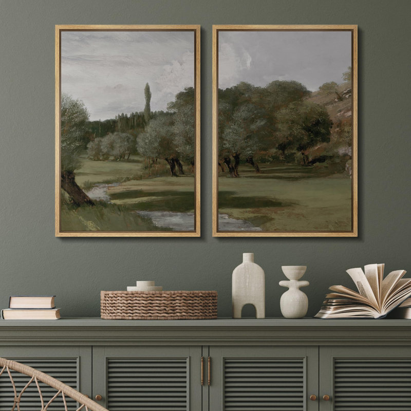 «Verdant Grove By The River Twin Landscape», 2 pièces sur toile, Naturel, H 24 po x l 32 po