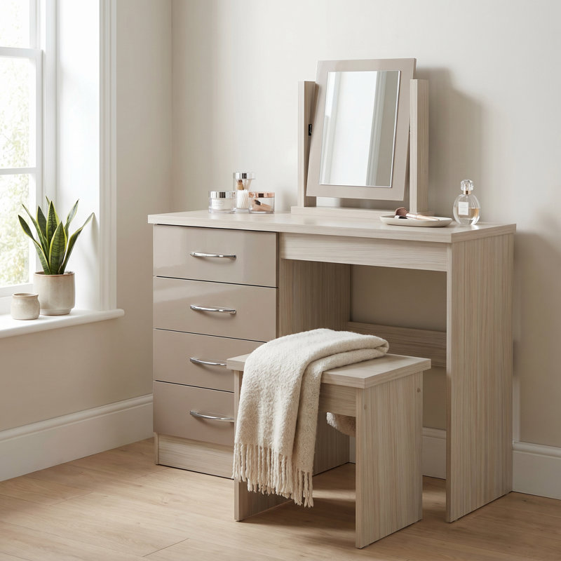 Cascio Dressing Table Set with Mirror, Oyster Gloss/Light Oak Effect Veneer