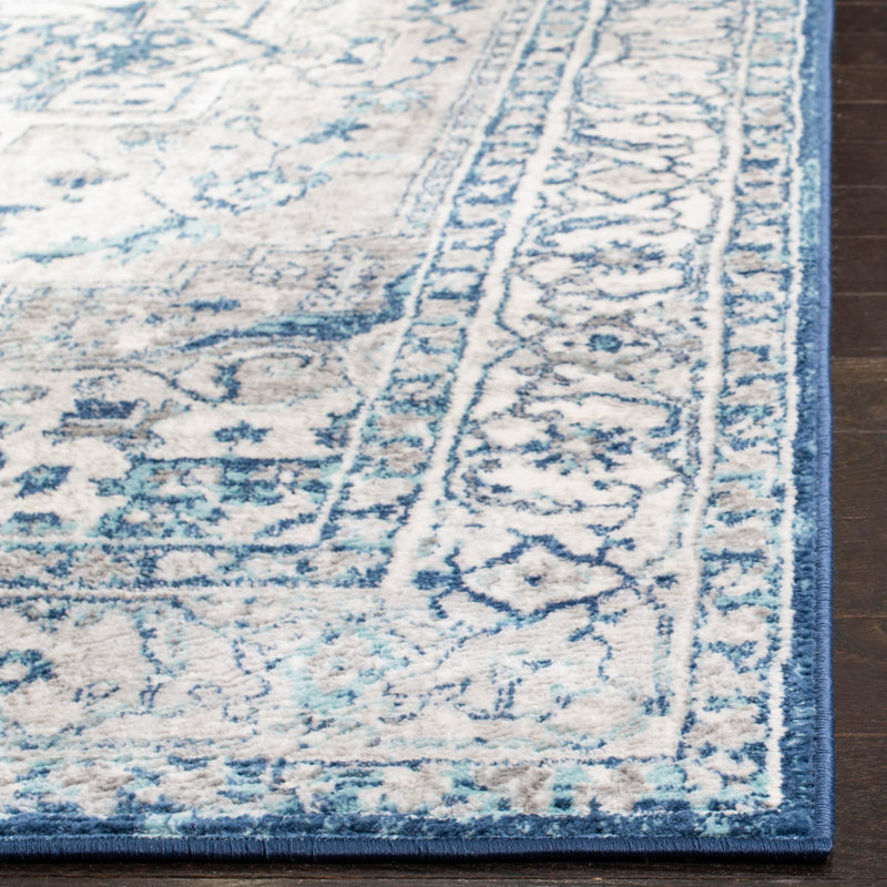 Transitional Light Gray and Blue Synthetic Runner Rug