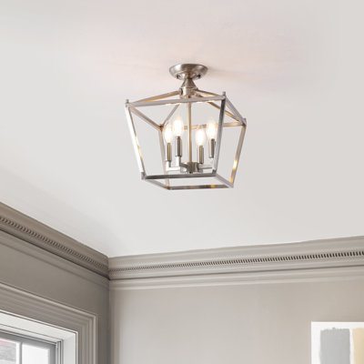 Hubbardton 12" 4-Light Modern Farmhouse Metal Open-Frame Pagoda LED Semi Flush Mount Mini Lantern