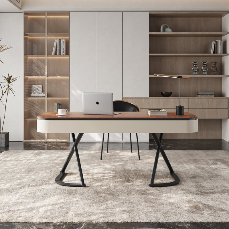  Modern 63'' Office Writing Desk, Brown Wood Desk, 2 Drawers, Stainless Steel legs