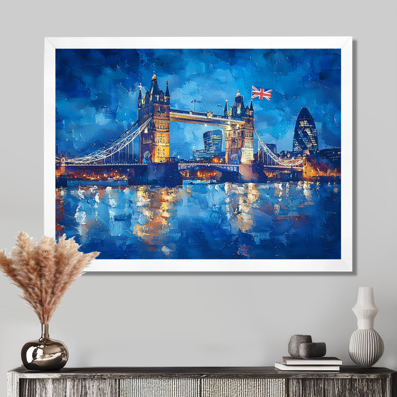 «Moonlight on Tower Bridge Lights In London I - England», art mural, H 30 po x l 40 po, Blanc
