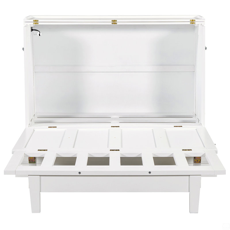 Lit double armoire en bois de pin massif avec station de charge et grand tiroir de rangement, Lit double, Blanc