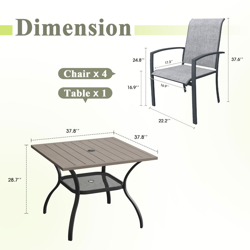 4-Person Square Patio Dining Set With Stackable Textilene Chairs, Brush Wood Gray/Gray