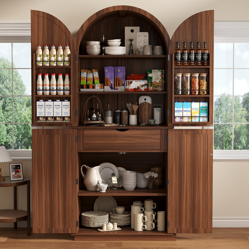  Armoire de rangement pour garde-manger de 71 po de hauteur arquée, grande armoire de rangement à 6 niveaux avec 2 portes, tablettes réglables et tiroir pour le salon, la salle à manger, la cuisine, noyer
