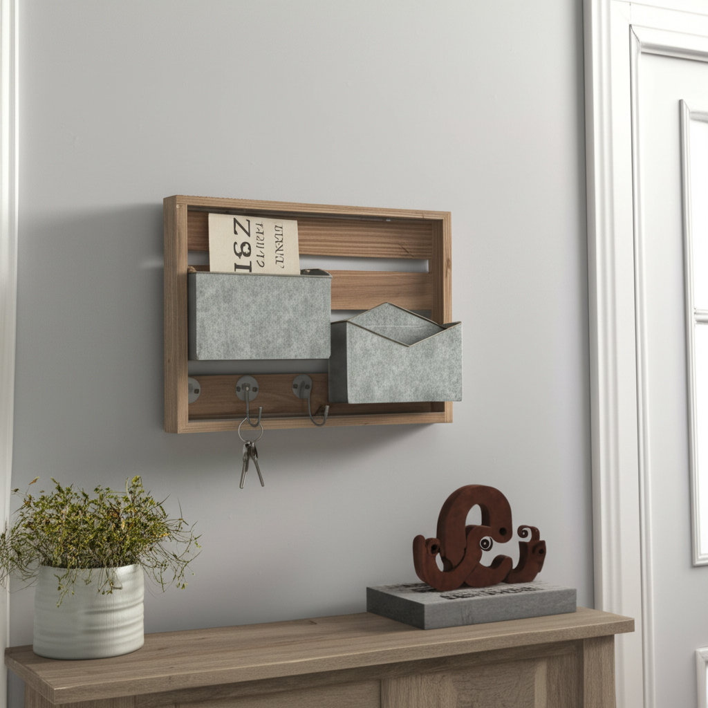 Matsuda Wood and Iron Wall Storage Unit with Dual Metal Mail Compartments and Multiple Hooks for Hanging Organization and Decorative Display Gracie Oaks