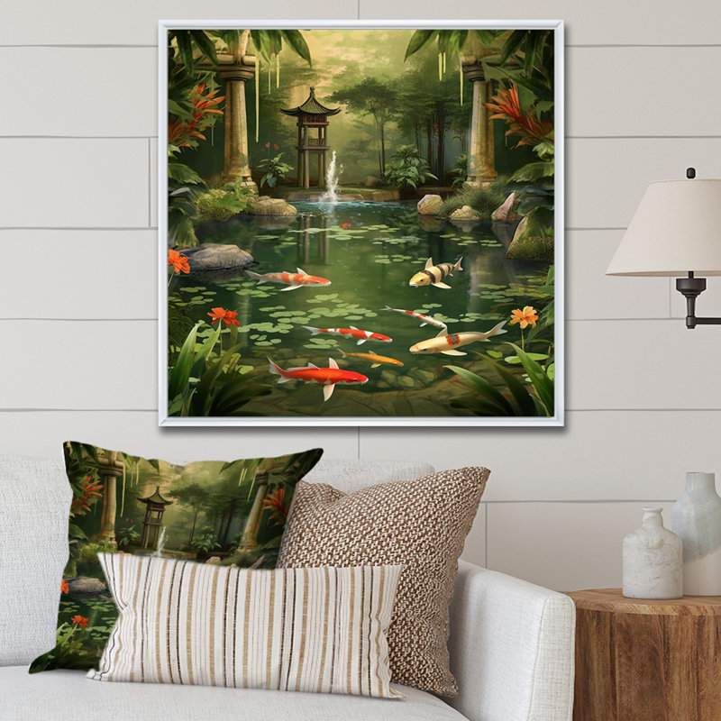 Bamboo and Koi Pond Showcase I - Art mural en bambou, H 24 po x l 24 po x P 1 po, Cadre flottant blanc