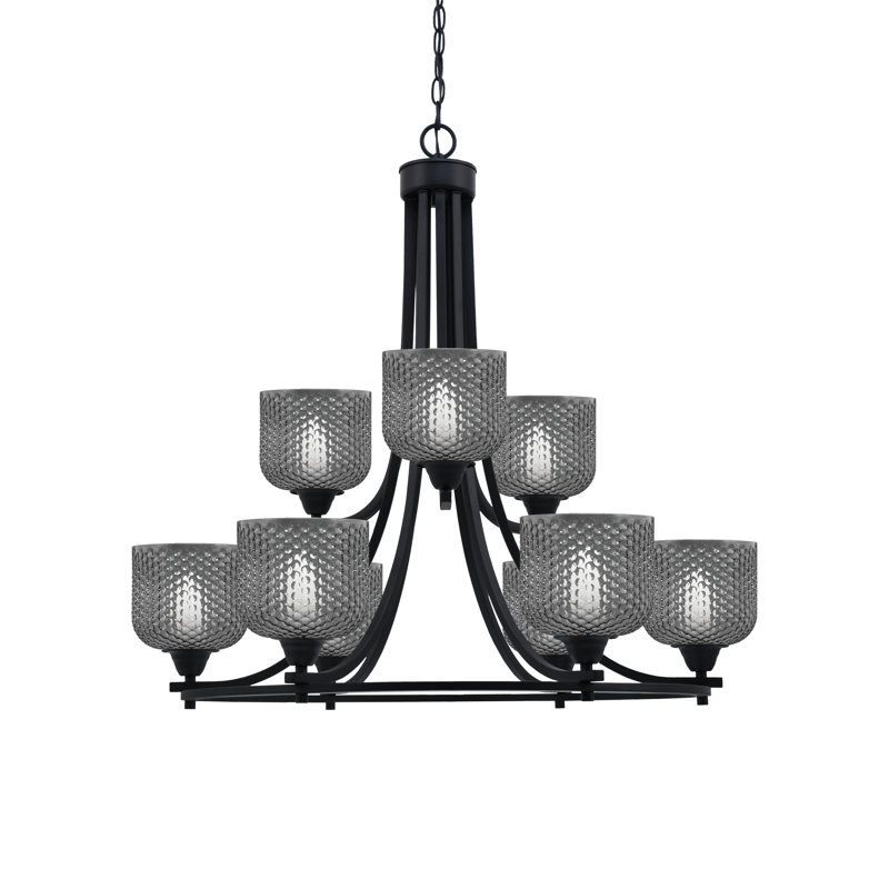 Allexus 9 Light Chandelier Matte Black Finish 6" Smoke Glass, Matte Black, Black