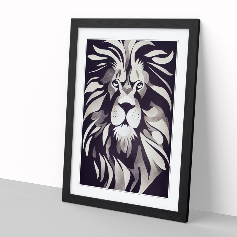 Lion Scandinavian - Single Picture Frame Print, Black, 64cm H x 46cm W x 2cm D