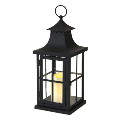 Lanterne 14 po en fer noir d'inspiration asiatique avec pilier sans flamme à DEL