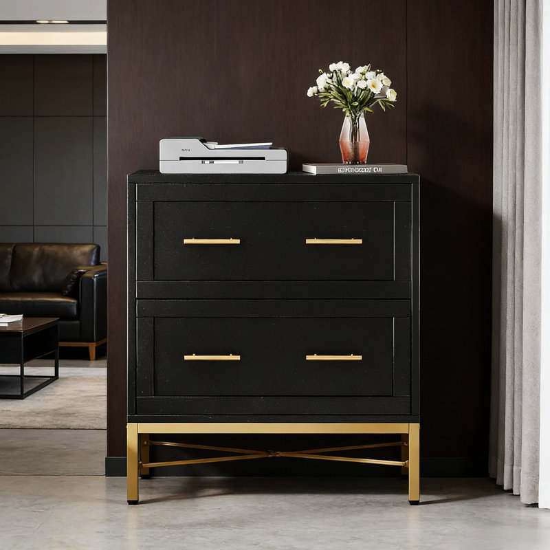 Élégante armoire à 2 tiroirs pour le flux de travail de bureau, différentes tailles de dossiers réglables, couleur blanche, accents dorés, système de verrouillage, fixation murale optionnelle, panneau de particules imperméable, facile à assembler
