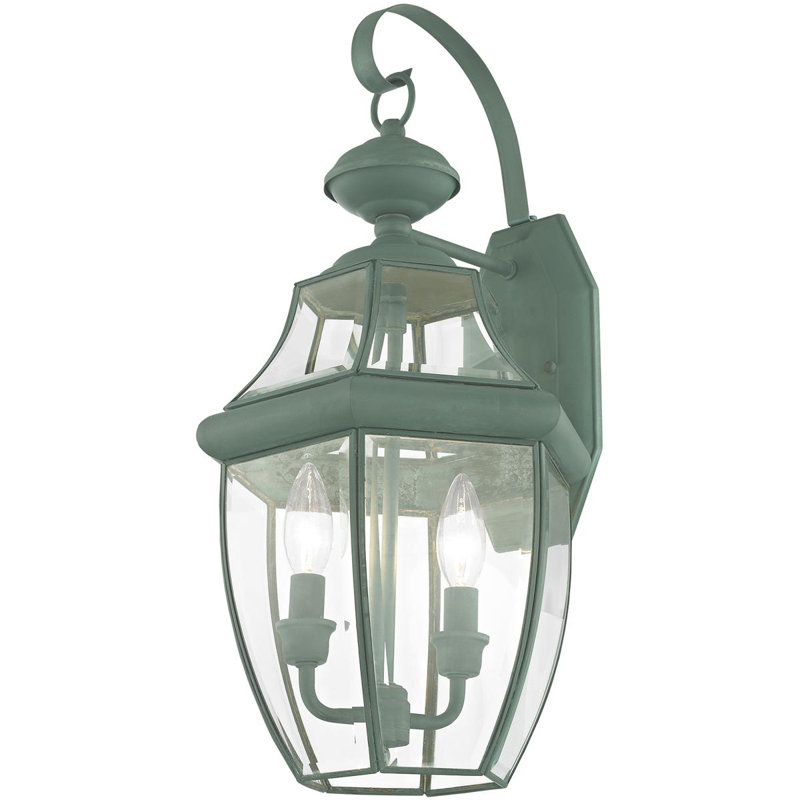 10.5in 2-Light Outdoor Wall Lantern Pendant Fixture with Clear Beveled Glass Shade, Verdigris