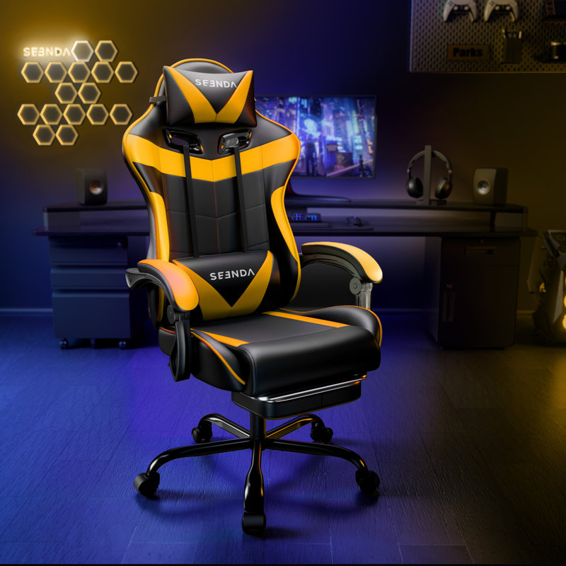 High-Back Adjustable Reclining Ergonomic Faux Leather Swiveling Pc & Racing Gaming Chair With Footrest, Black/Yellow