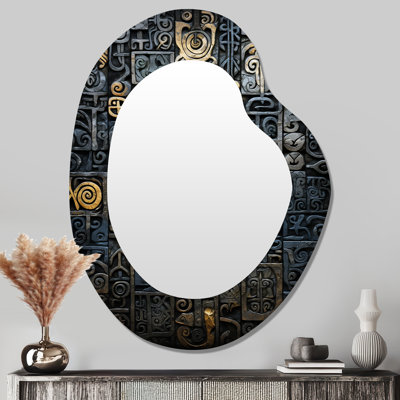 Impressions de tuiles maya bleues et dorées de Munich II - miroir mural asymétrique unique, miroir de forme irrégulière moderne, impression sur métal