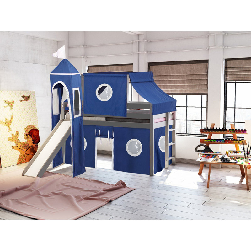 Johannes Solid Wood Twin Low Loft Bed with Ladder Slide Tent and Tower, Blue/White, Gray