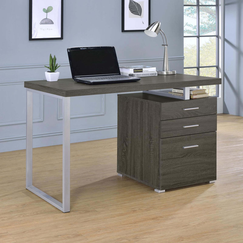 Bureau réversible à 3 tiroirs gris patiné, Gris