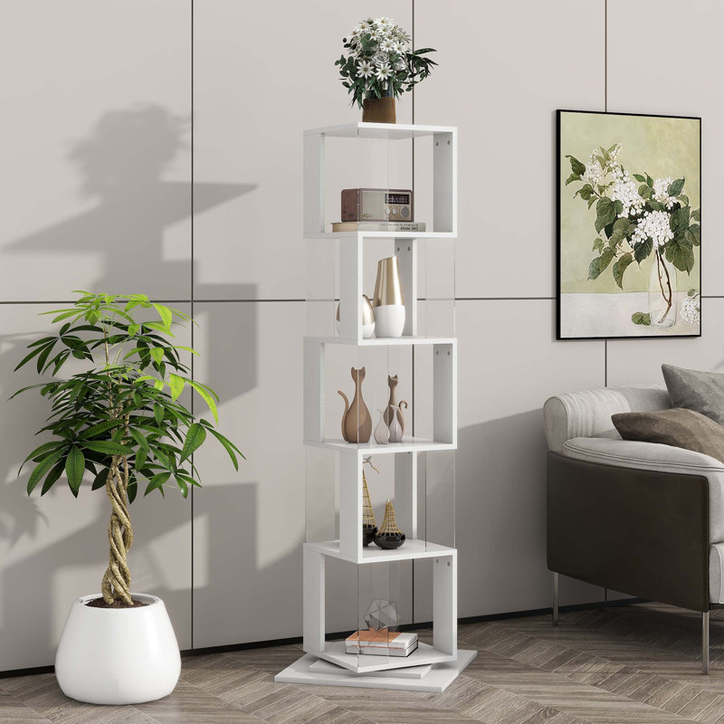 Rotating Bookshelf with Acrylic Plate, Anti-Toppling Base, Multi-Function for Living Room and Student Use, White