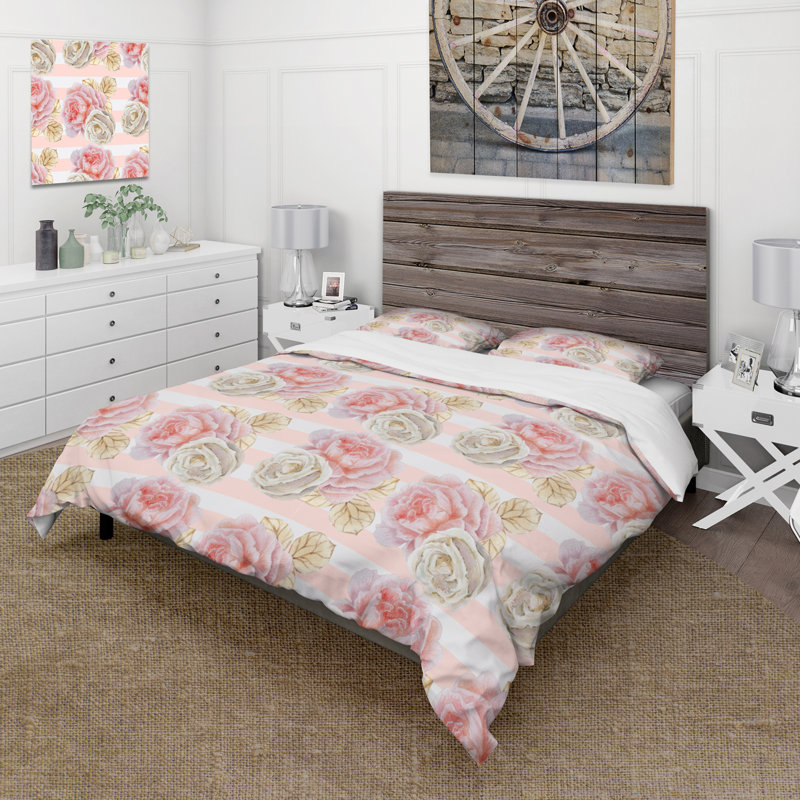 Roses de mariage blanches et roses - Ensemble de housse de couette traditionnel - Microfibre de polyester