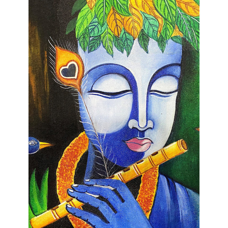 Krishna jouant de la flûte avec des paons, peinture de Yogyata Gadia