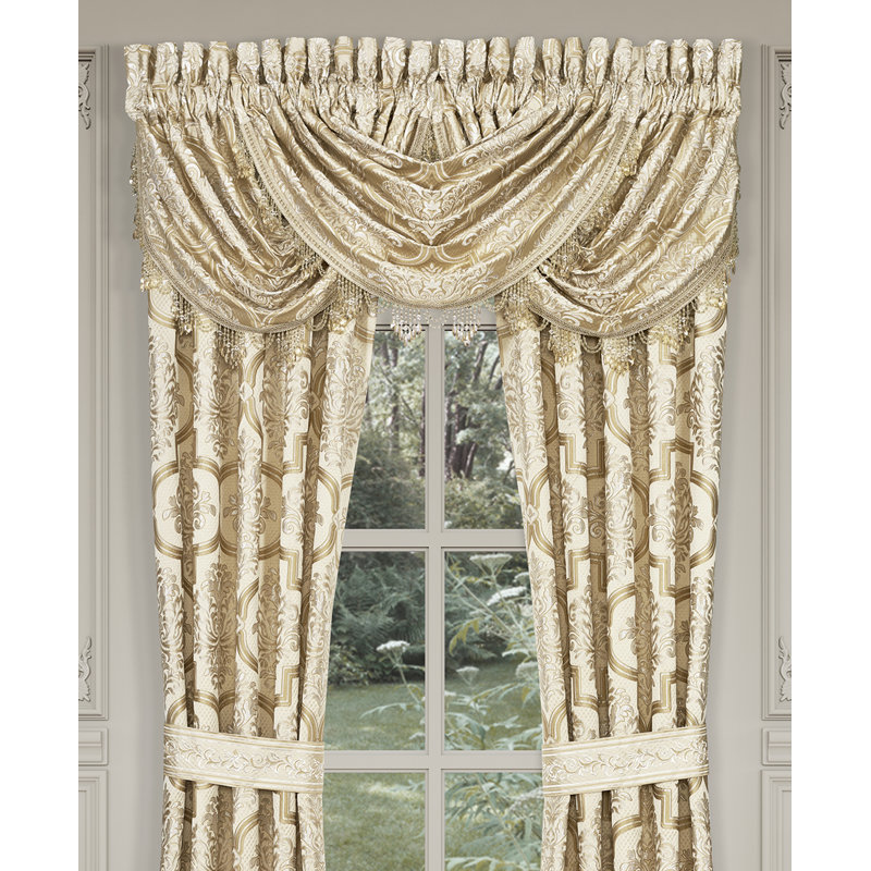 Champagne Jacquard Damask Waterfall Valance with Crystal Tassel Fringe
