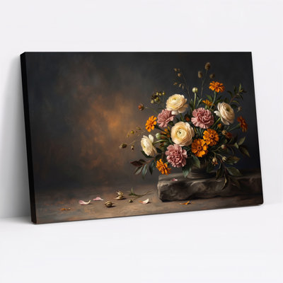 Art mural sur toile crème et roses avec des soucis oranges sur pierre