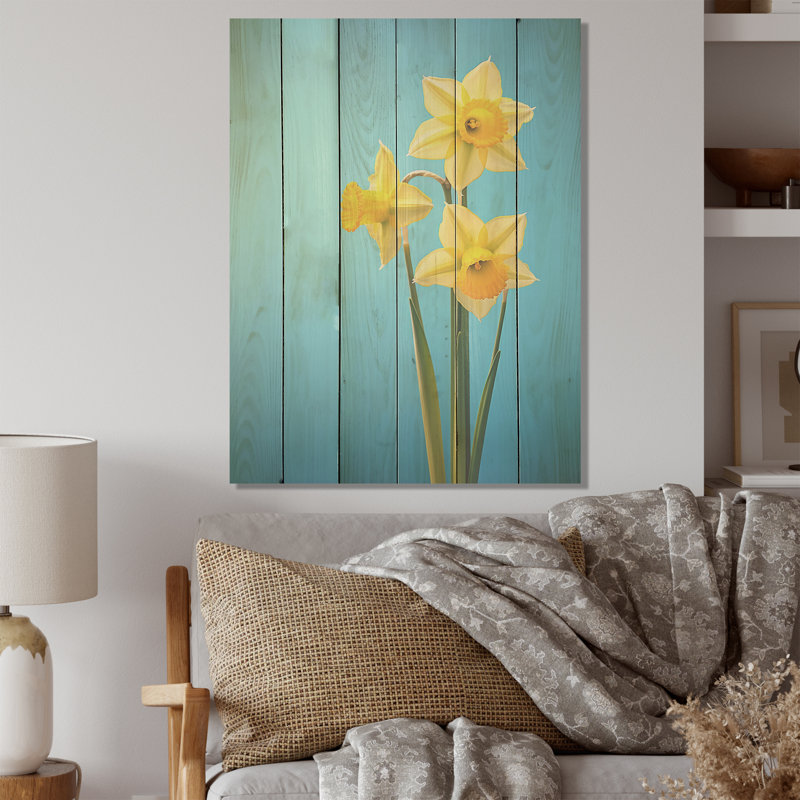 Jonquilles jaunes et vertes - Art mural en bois jonquilles sur bois de pin naturel, H 40 po x l 30 po