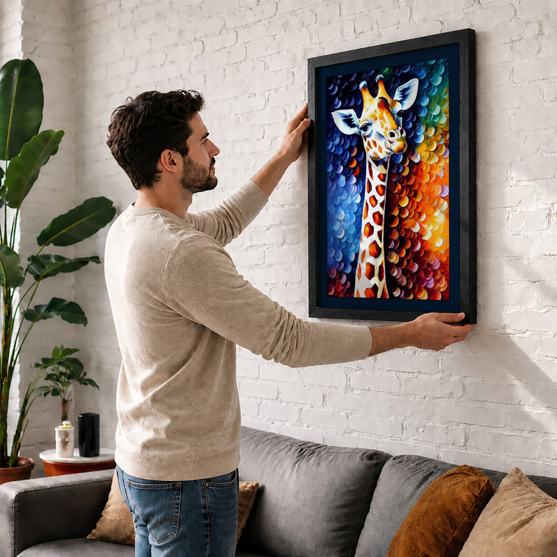 Giraffe Among Circles Modern 1 Piece Single Picture Frame Wall Art, A3 - 42.0 x 29.7 cm, Black