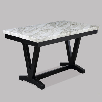 Modern White Faux Marble & Black Dining Room Rectangular Table V-Shape Trestle Design Wooden Base 1Pc Furniture