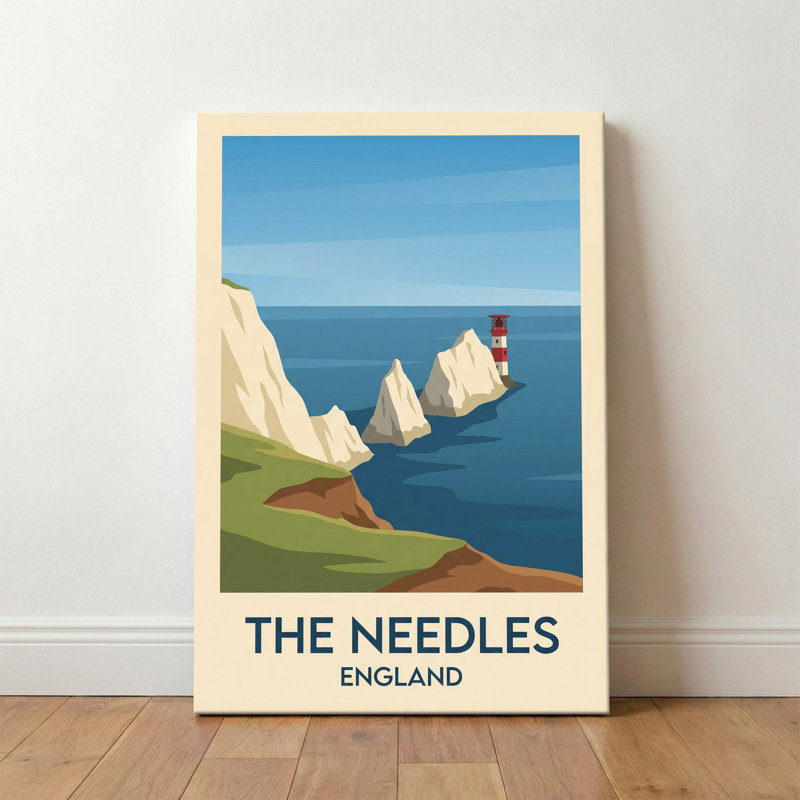 The Needles, England - Romantic Coastal Poster of Isle of Wight Cliffs and Lighthouse. Giclee Print on Wrapped Canvas. Wall Art, Home Decor - Natural Landmarks, England 1 Piece Wrapped Canvas Wall Art