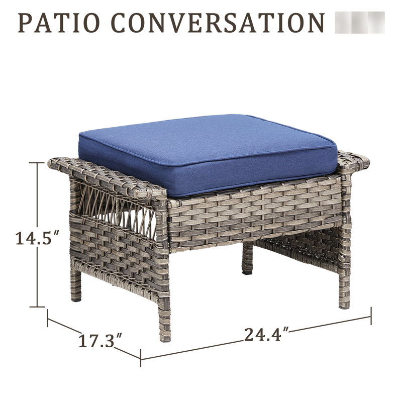 Extérieur pour 2 personnes, repose-pieds gris pour patio avec coussins bleus pour terrasse, coussins confortables en mousse haute densité de 3,5 po d'épaisseur, structure en acier thermolaqué rouille, résistant aux intempéries et à la décoloration