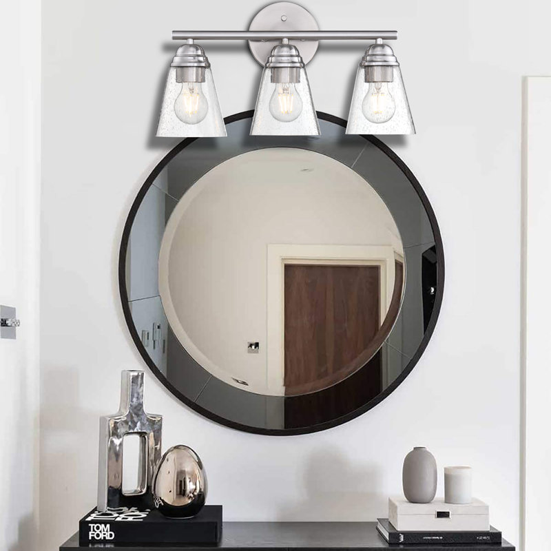 17,91 po Éclairage pour salle de bain 3 lumières avec finition nickel brossé et abat-jour en verre bullé