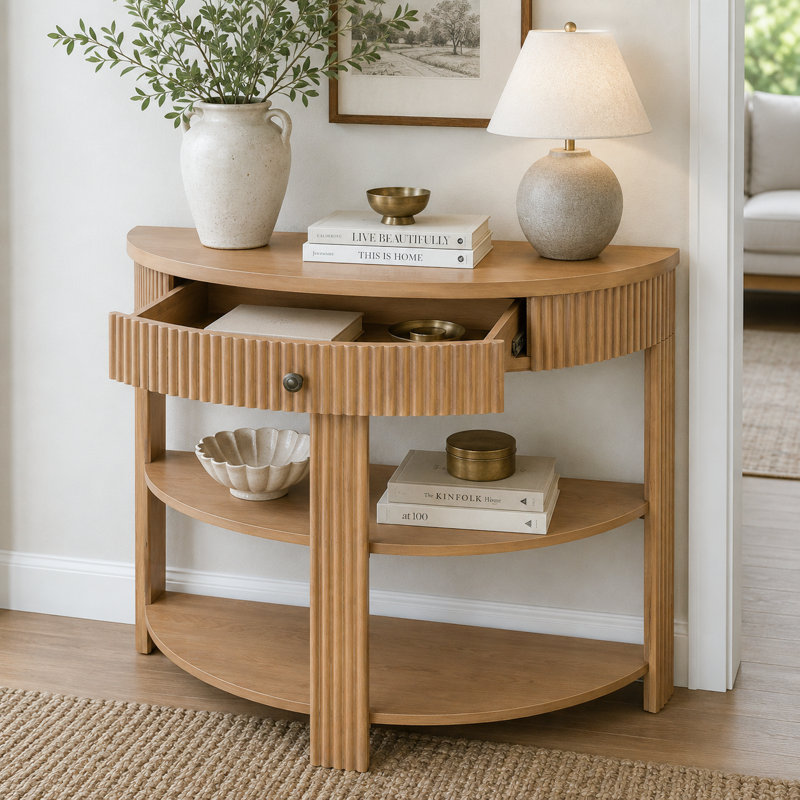 Console demi-lune de 94 cm de large avec tiroir et 2 tablettes ouvertes, Naturel