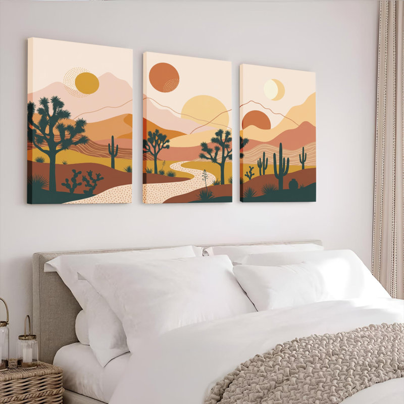 Paysage désertique avec cactus et montagnes, reproduction d'art sur toile tendue sur toile, ensemble de 3, 1624
