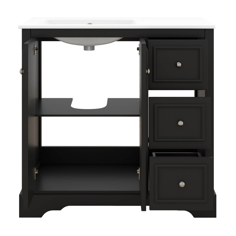 Meuble-lavabo de 36 po avec lavabo en céramique, meuble-lavabo avec 2 portes à fermeture douce, une tablette réglable en forme de U et 3 tiroirs