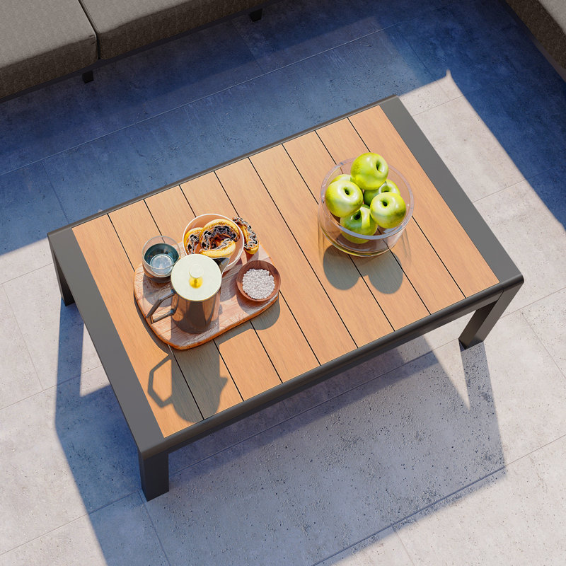 Table basse d'extérieur de patio, structure en aluminium 35,4 po x 20 po, plateau imitation bois, Graphite