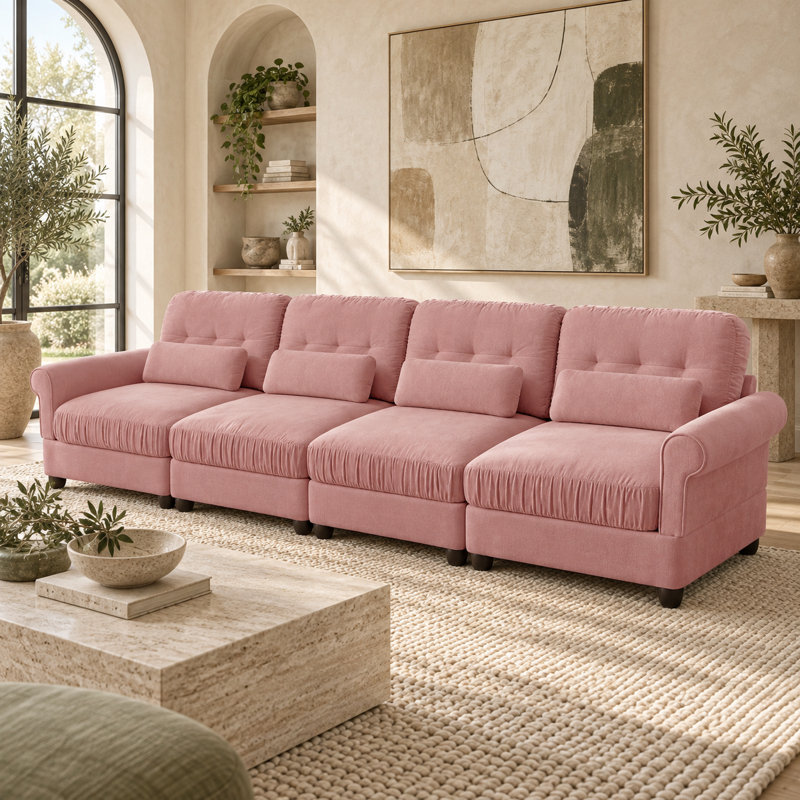 Canapé modulaire 4 places Deerwood en chenille de 126,7 pouces de large, avec coussins à volants, accoudoirs arrondis et coussins lombaires