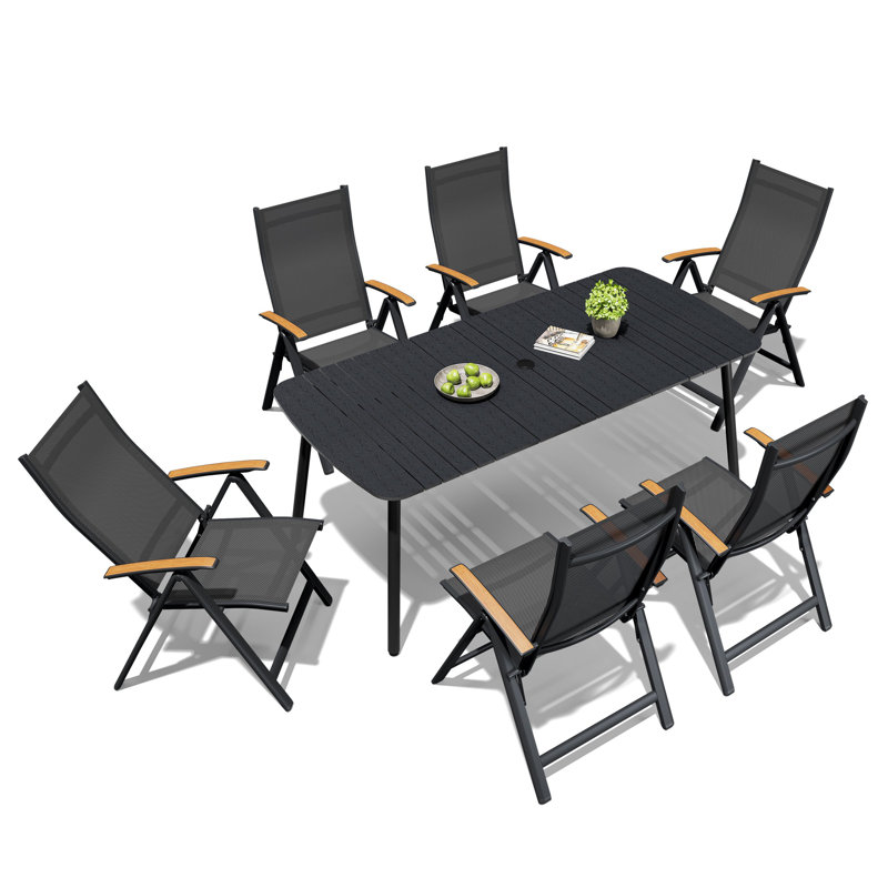 6 - Person 70.9'' L X 33.1'' W Rectangular Patio Dining Set with Umbrella Hole, Aluminum Frame and Folded Reclining Armchairs