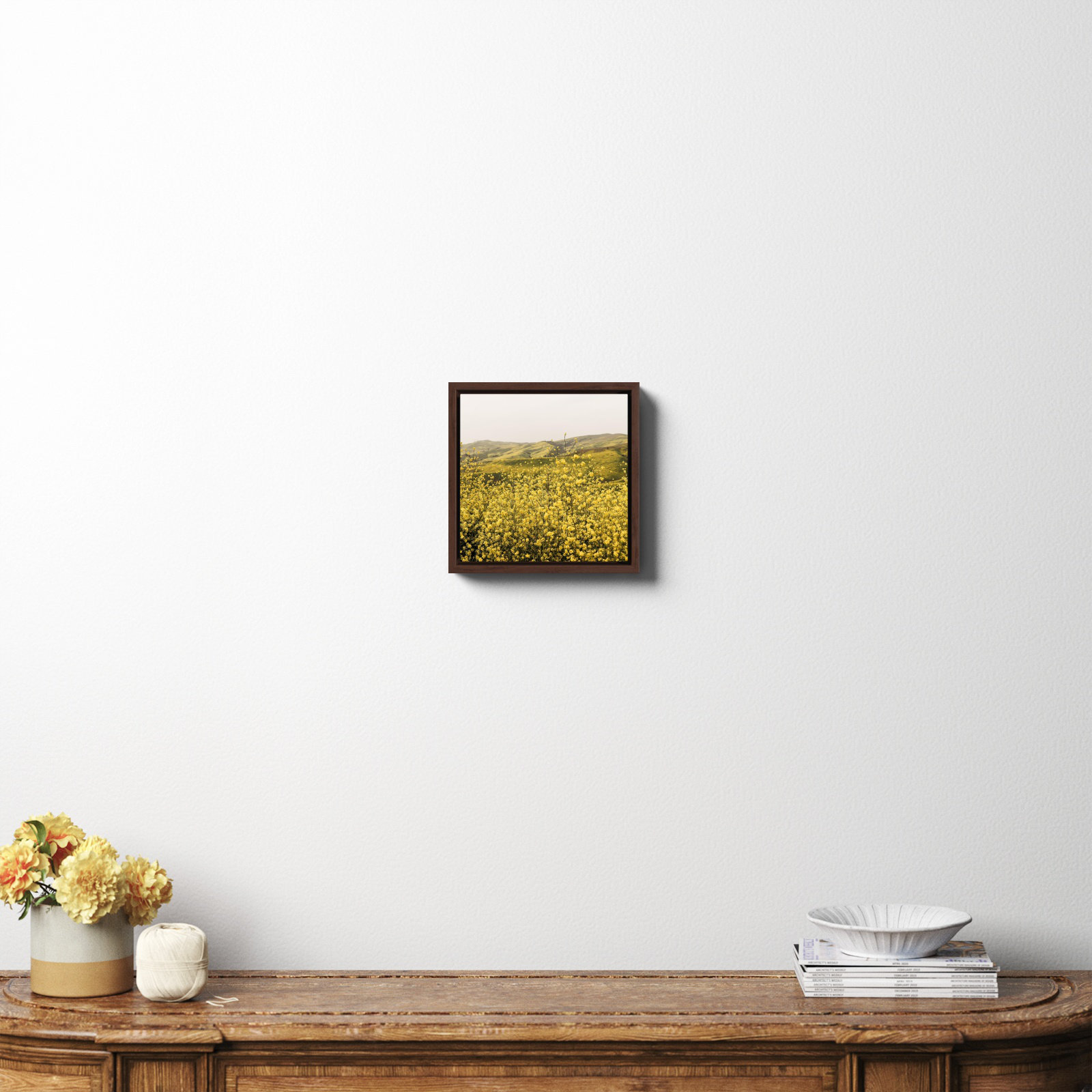 Spring Is Here Yellow Wildflowers by By Brije, 12" H x 12" W x 2" D, Mahogany Framed Canvas, No