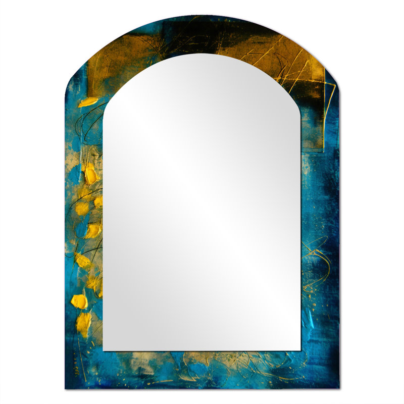 Lyrical Abstraction In Blue And Yellow I - Abstract Collages Arch Large Mirror, Modern Asymmetrical Unique Wall Mirror Decor, Printed Metal Art