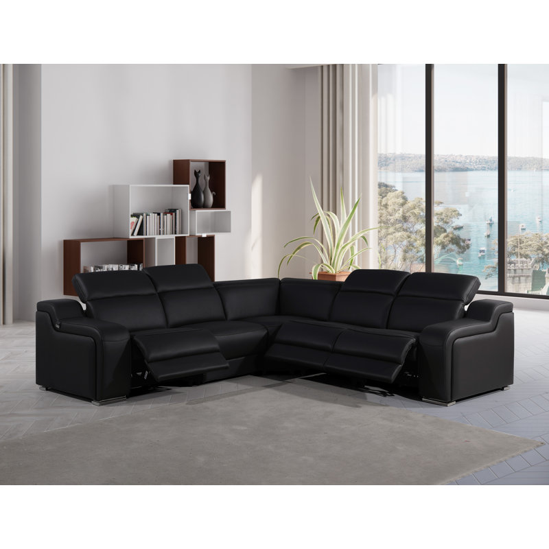 Stanyo 5 - Piece Top Grain Italian Leather Power Reclining Sectional, Black Genuine Leather
