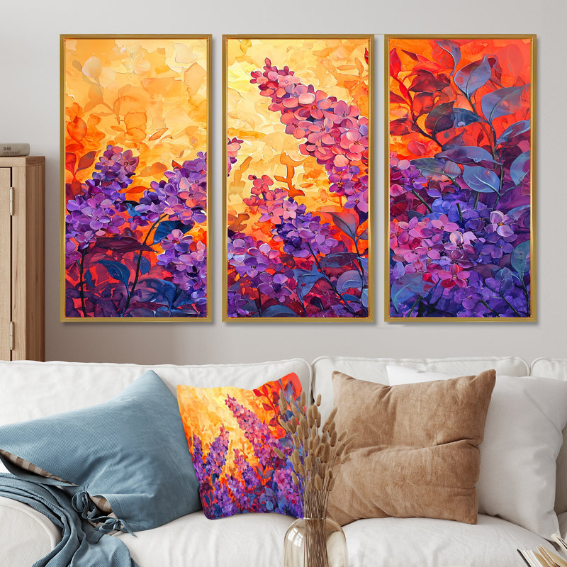 Coucher de soleil lilas mauve dans les jardins botaniques IV - Lilas, ensemble d'art mural, H 28 po x l 36 po, Doré