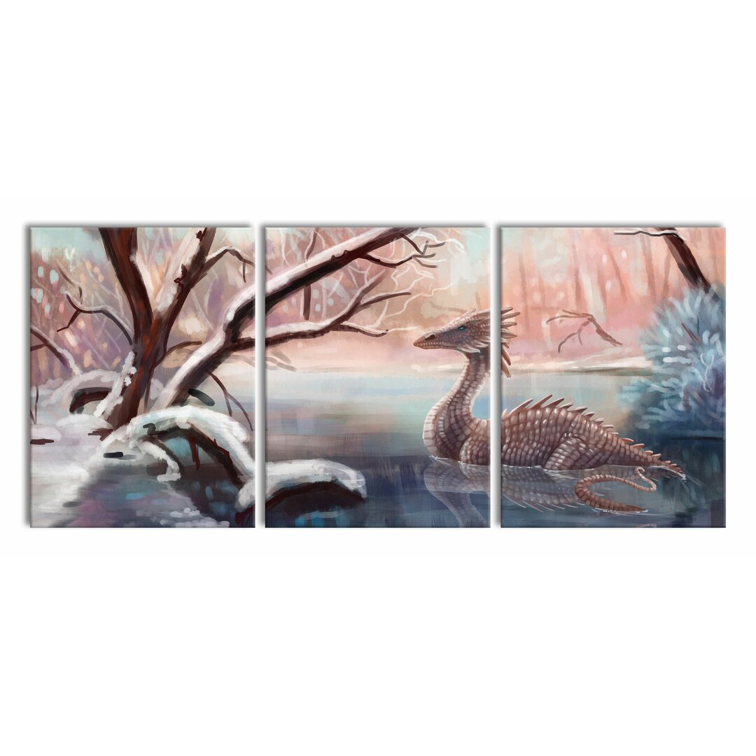 3-tlg. Leinwandbilder-Set Dragon in a Snowy Forest