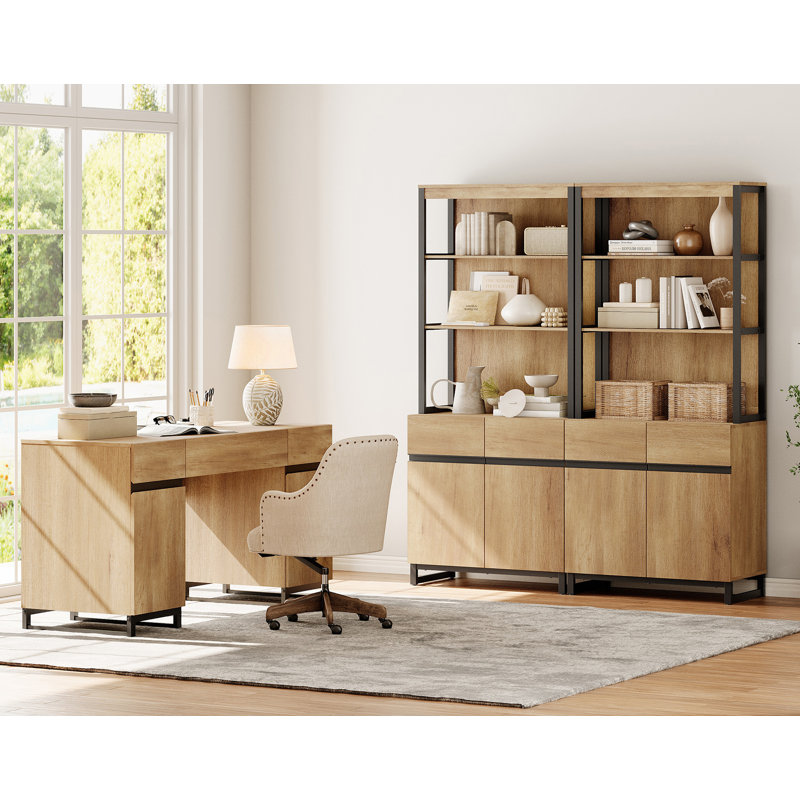 Home Office Furniture Set: 59" Modern Executive Desk With Charging Station & Storage Cabinet + 72" Tall Bookcases, Wood Computer Desk & Library Storage Shelf Cabinet For Work Study, Oak