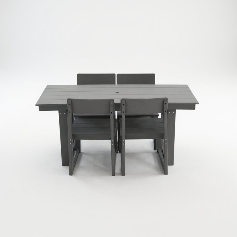 Table de salle à manger, de patio, de terrasse, de chaise avec accoudoirs, résistante aux chocs et à 4 chaises grises pour l'extérieur avec trou pour parasol