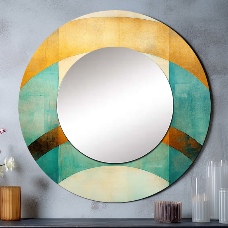 Samed Emerald And Golden Arches III - Abstract Shapes Unique Wall Mirror, Modern Round Mirror, Printed Metal Art, 29" x 29"