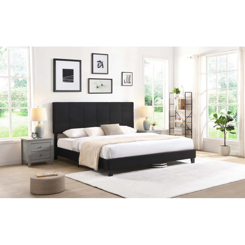 Upholstered Platform Bed Frame with Linen Fabric Headboard, No Box Spring Needed, Wood Slat Support, Easy Assembly, Black